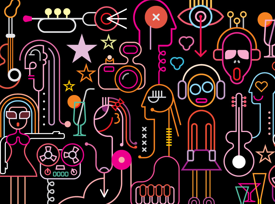 Neon Outlines Of Millennial Consumers Surrounded By Instruments And Symbols