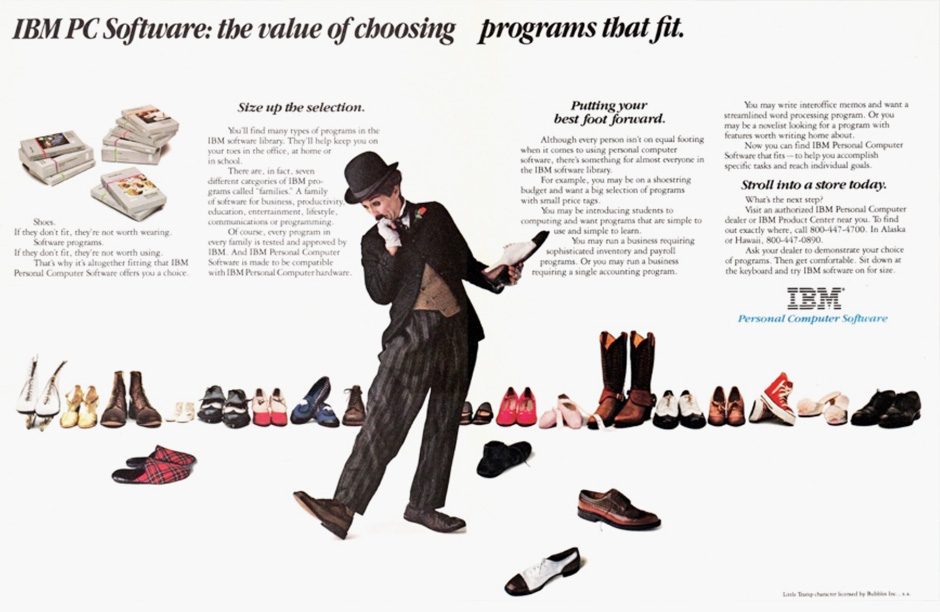 Vintage IBM Computer Advertisement Featuring Charlie Chaplin Lookalike