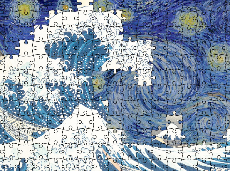 Jigsaw Puzzle Combining Hokusai and Van Gogh Paintings