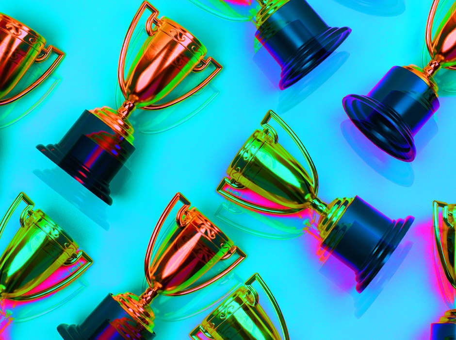 Trophy Collection Over Blue Background